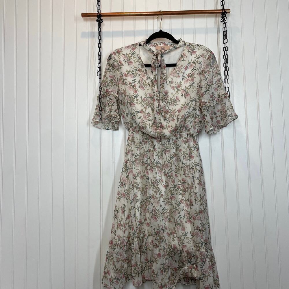 Vero Moda Floral Ruffle Bell Sleeve Tie Neck Fit And Flare Dress Size S